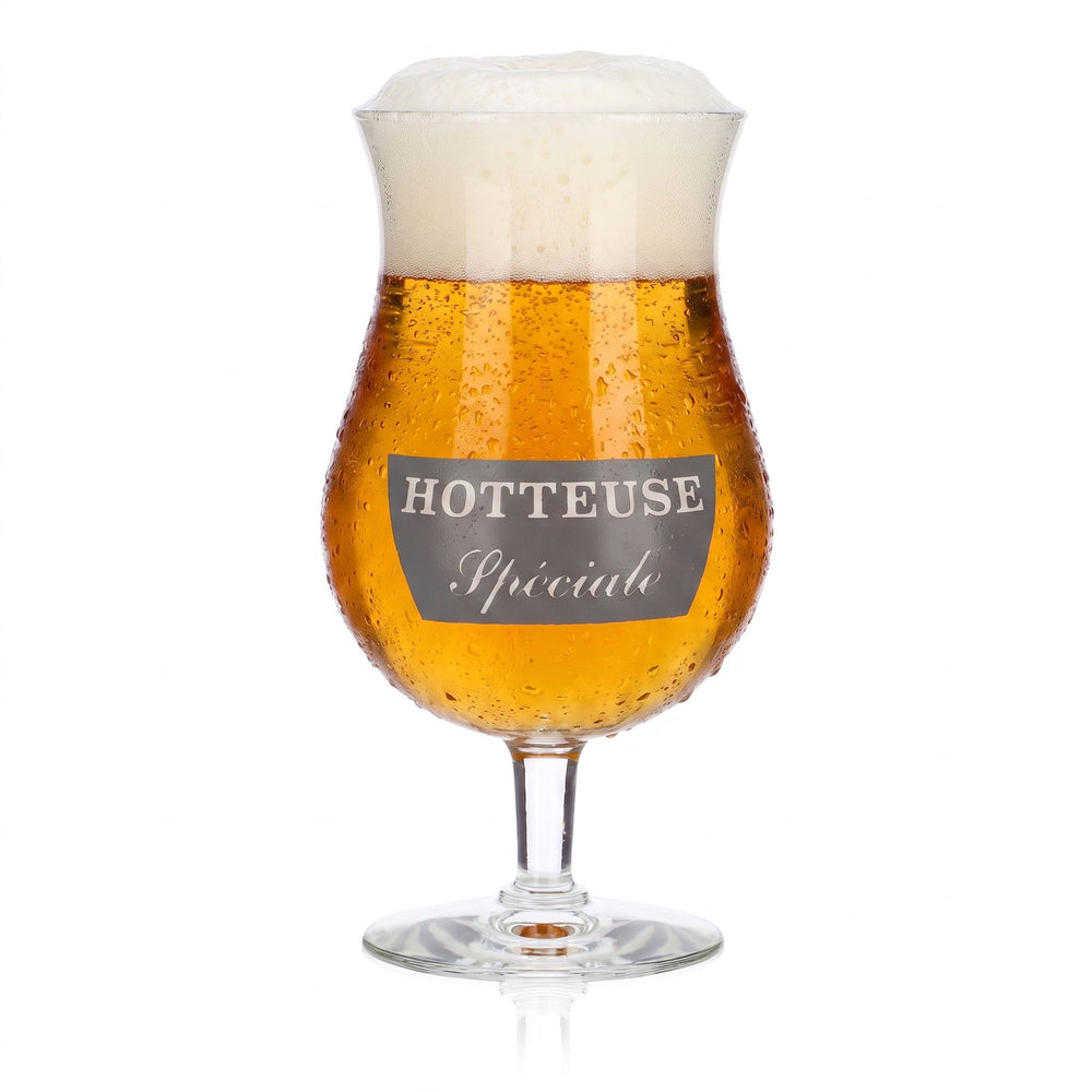 Kieliszek do piwa Hotteuse 0,39 l, model „Tulpa Speciale”, z czarnym logo, kieliszek do piwa w kształcie pucharu