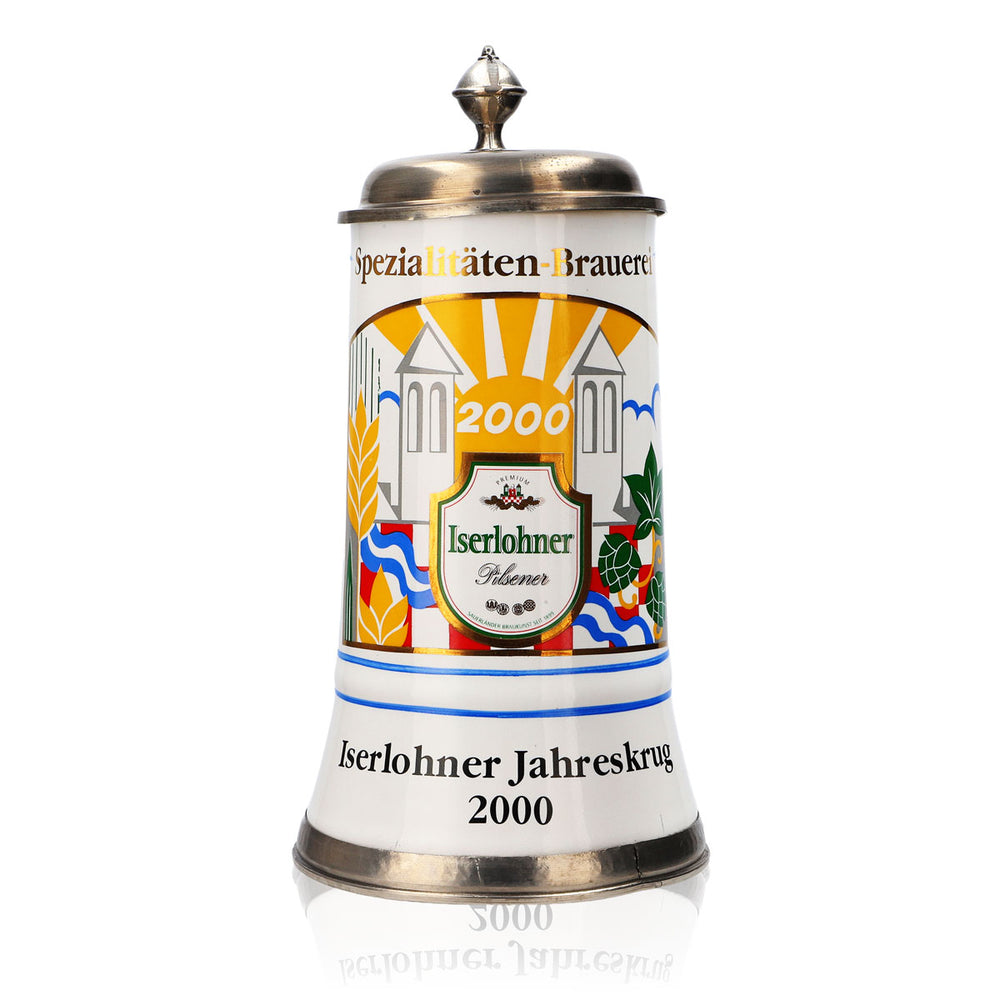 Kufel do piwa Iserlohner Bierglas Jahreskrug 2000 Kufel ceramiczny Seidel z cynową pokrywką 0,65 l Kufel