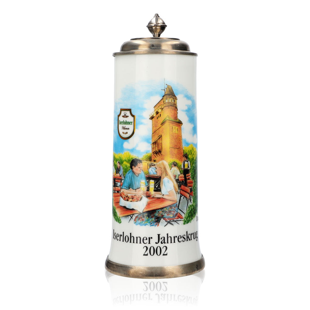 Kufel do piwa Iserlohner, roczny kufel 2002, kufel ceramiczny Seidel, cynowa pokrywka, 0,65 l