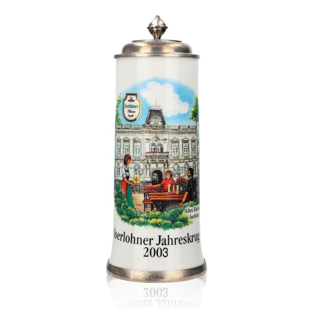 Kufel do piwa Iserlohner, roczny kufel 2003, kufel ceramiczny Seidel, cynowa pokrywka, 0,88 l