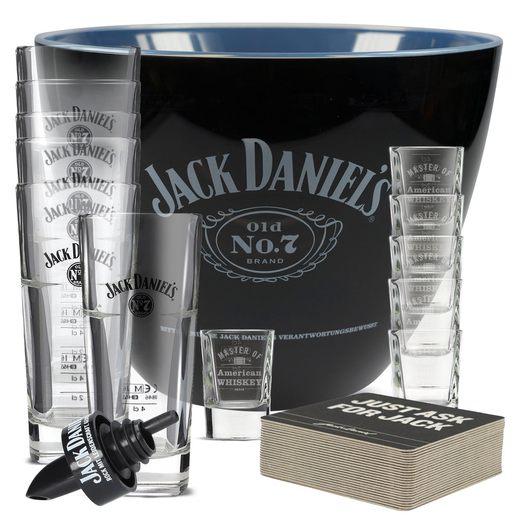 Zestaw Jack Daniels Bar Bundle Set II składający się z 6 szklanek do long drinków, 6 kieliszków do shotów, nalewaka i chłodziarki