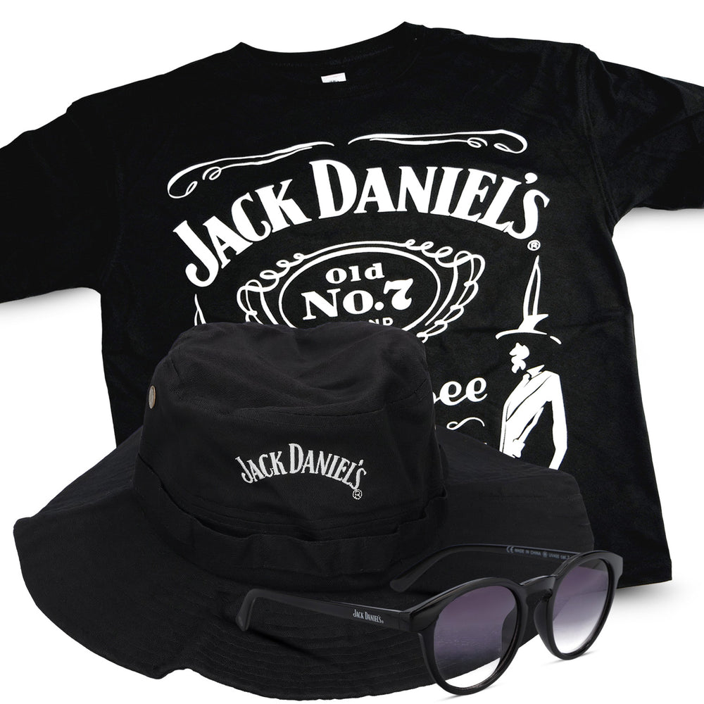 Zestaw dla fanów Jack Daniels I zawierający 1x koszulkę dla fanów, 1x okulary przeciwsłoneczne, 1x kapelusz z rondem