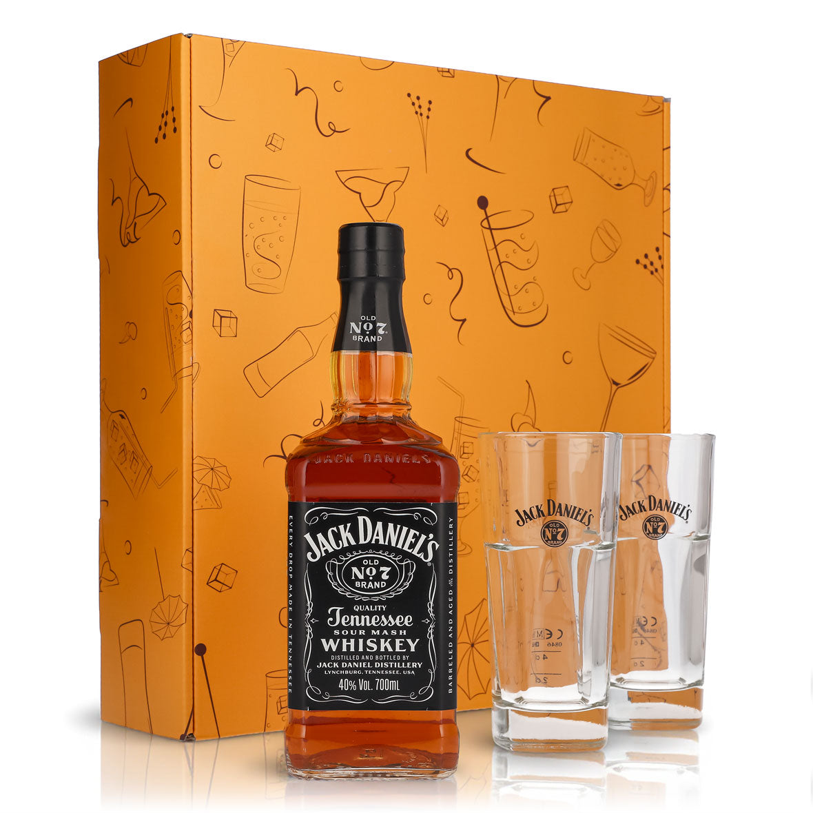 Jack Daniels Geschenkset 0,7l Flasche 40,0 % Vol. + Longdrinkgläser stapelbar–Orange