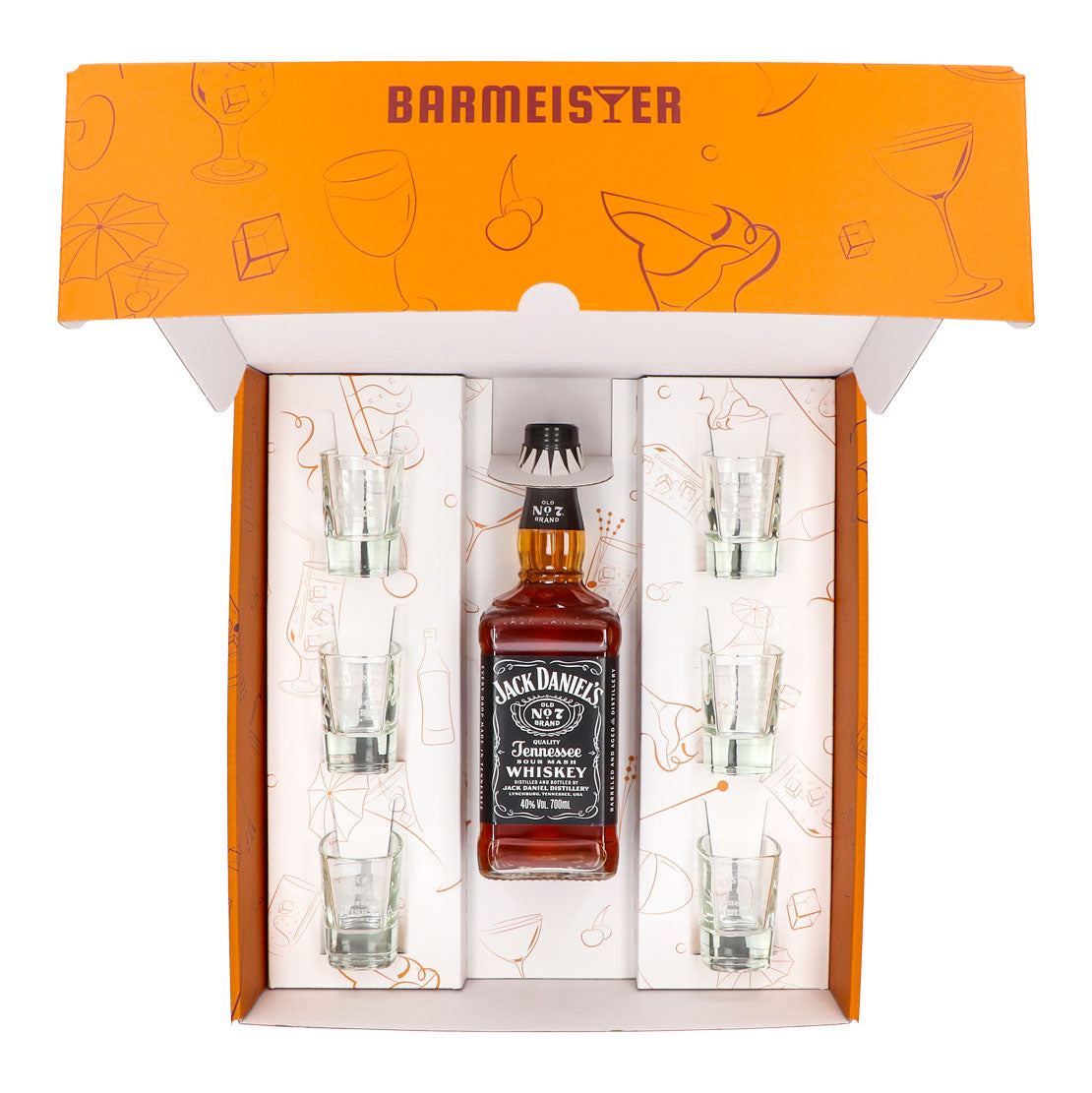 Jack Daniels Geschenkset 0,7l Flasche 40,0 % Vol. + Shotgläser MOAW–Orange – Ansicht 5