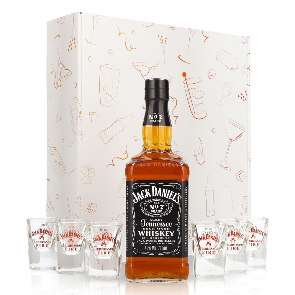 Jack Daniels Geschenkset 0,7l Flasche 40,0 % Vol. + Shotgläser Fire–Weiß