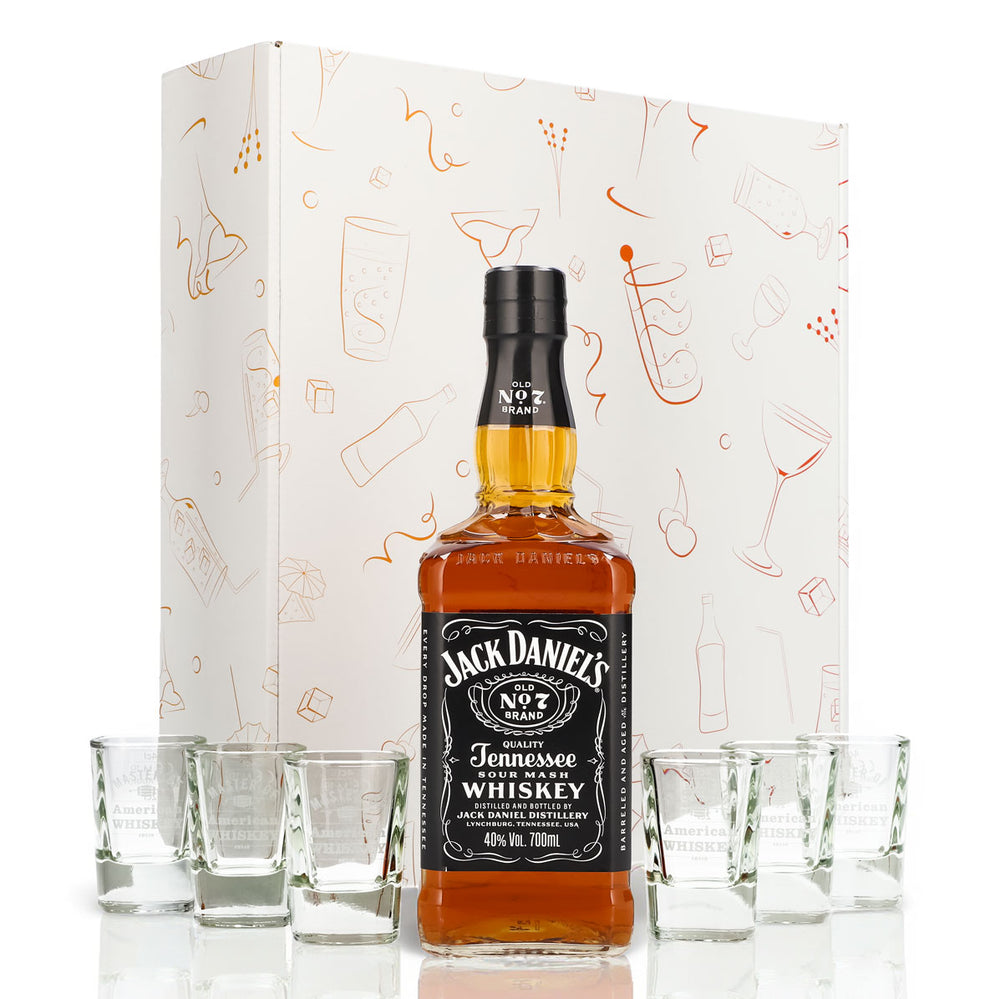 Jack Daniels Geschenkset 0,7l Flasche 40,0 % Vol. + Shotgläser MOAW–Weiß