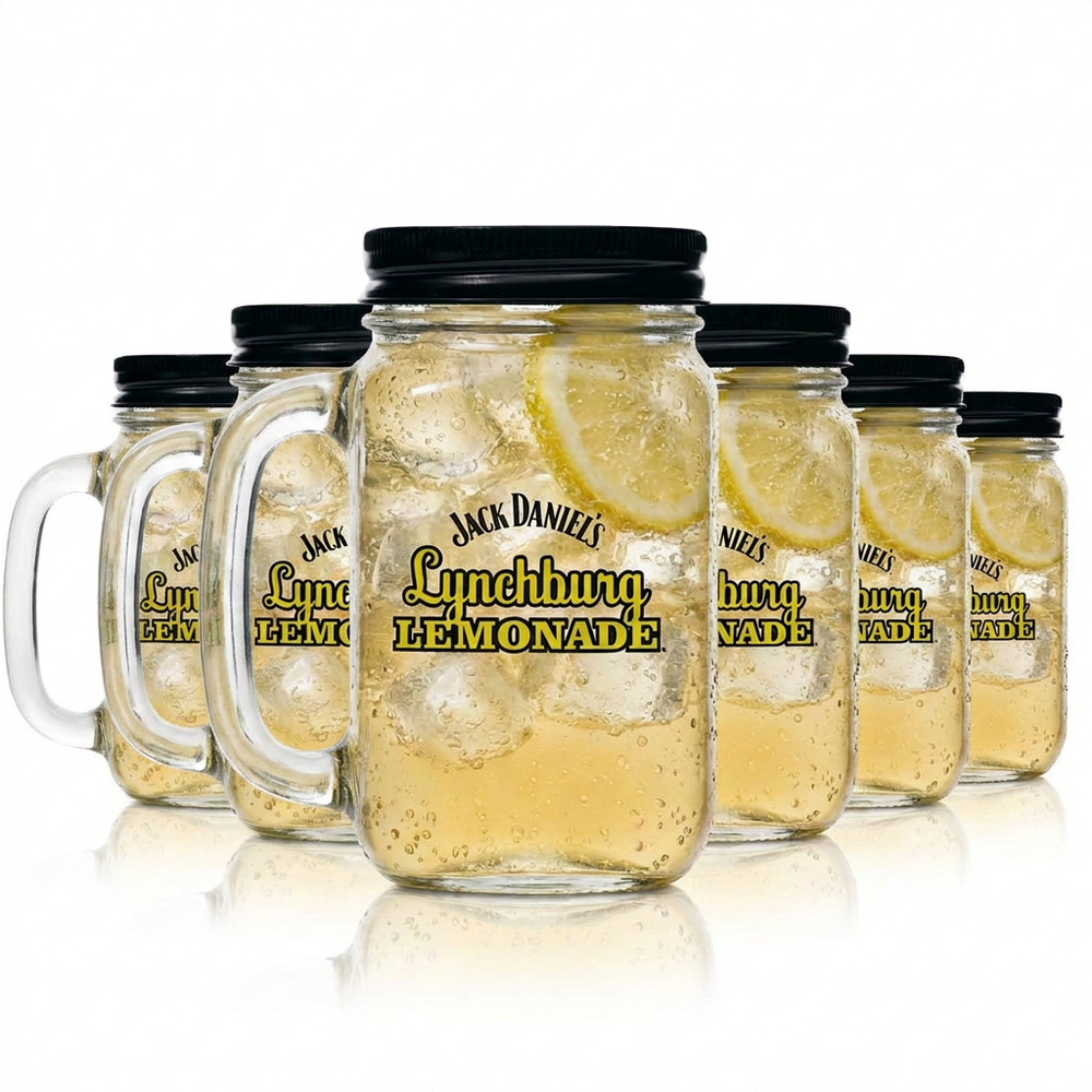Jack Daniels Lynchburg Lemonade – zestaw 6 szklanek typu mason jar o pojemności 0,48 l z uchwytem i pokrywką