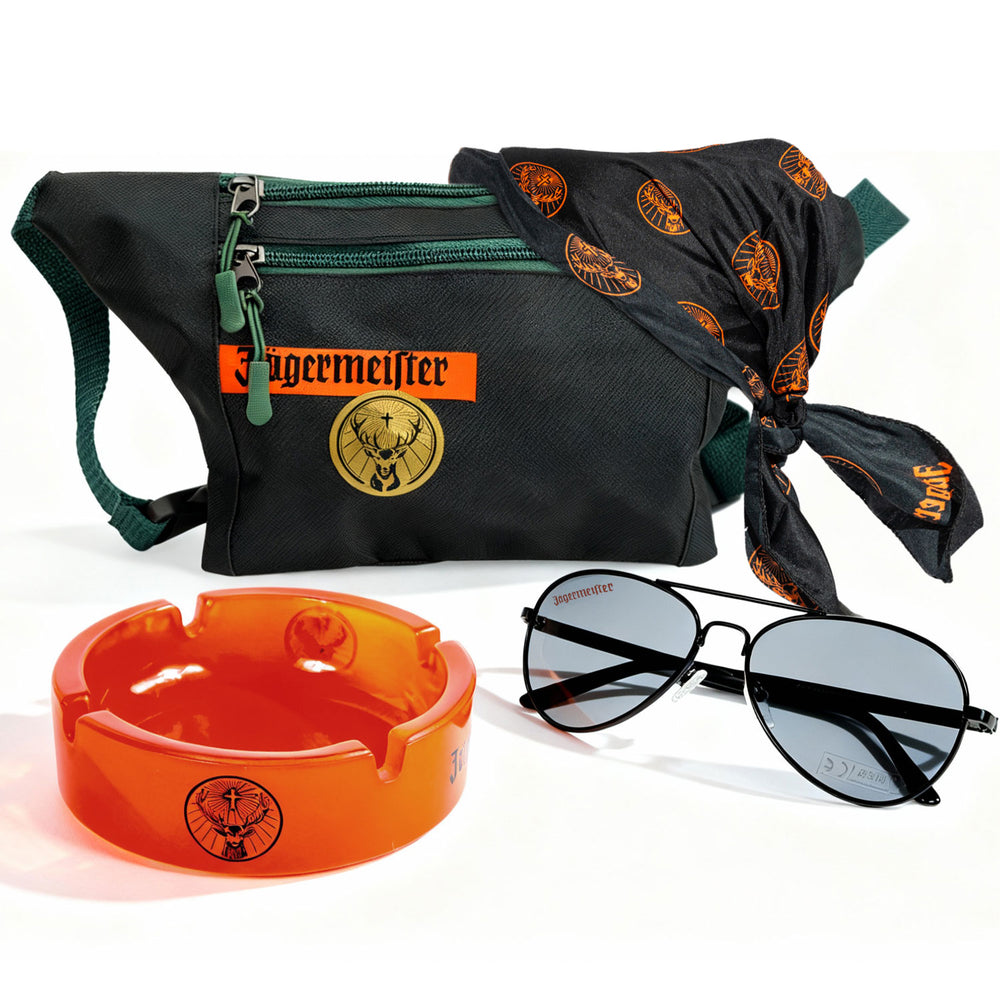 Zestaw rekreacyjny Jägermeister II składający się z popielniczki, saszetki na brzuch, okularów i bandany