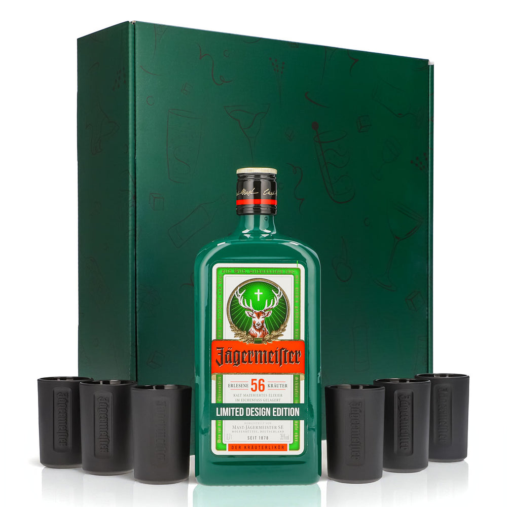 Jägermeister Geschenkset 0,7l Flasche 35,0 % Vol. + Shotgläser Schwarz–Grün