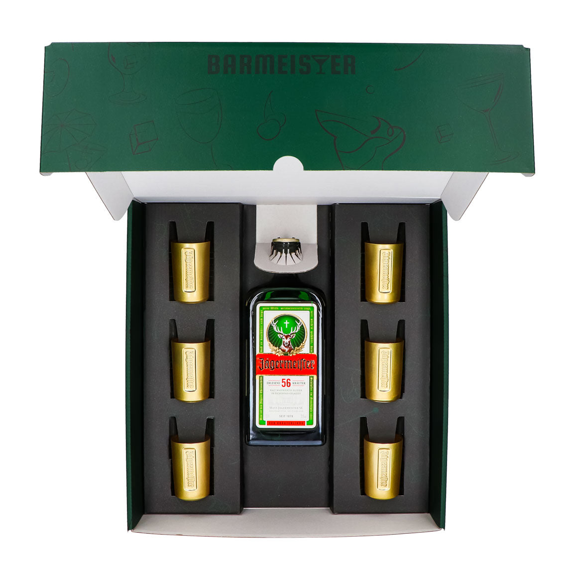 Jägermeister Geschenkset 0,7l Flasche 35,0 % Vol. + Shotgläser Gold–Grün – Ansicht 5
