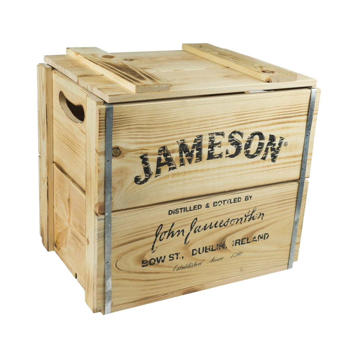 Drewniana skrzynia Jameson z pokrywą na zawiasach o wymiarach 42x30x39 cm na taboret Irlandzka whisky