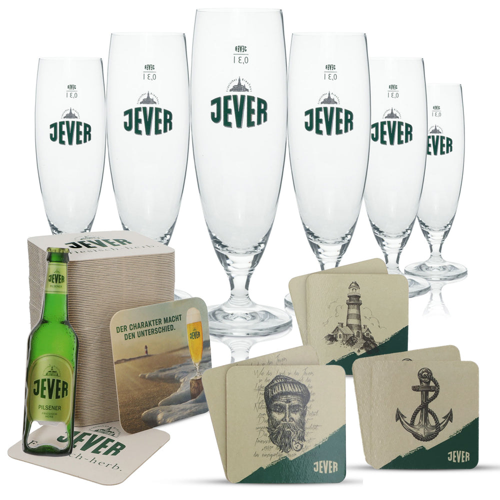 Zestaw Jever Bier Bar zawierający kieliszki, zestaw otwieraczy do butelek i podkładki pod piwo