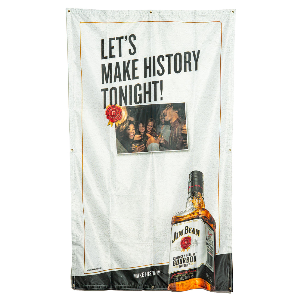 Sztandar z motywem szklanki whisky Jim Beam, 200 x 120 cm, „History Tonight” – flaga z poliestru