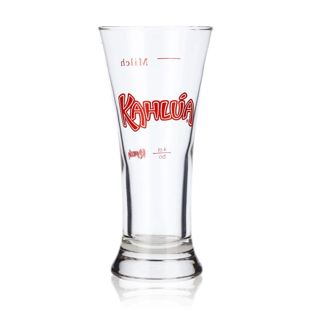 Kahlva Likier Szklanka do likieru 0,2 l czerwone logo 4 cl, mleczna linia miarowa