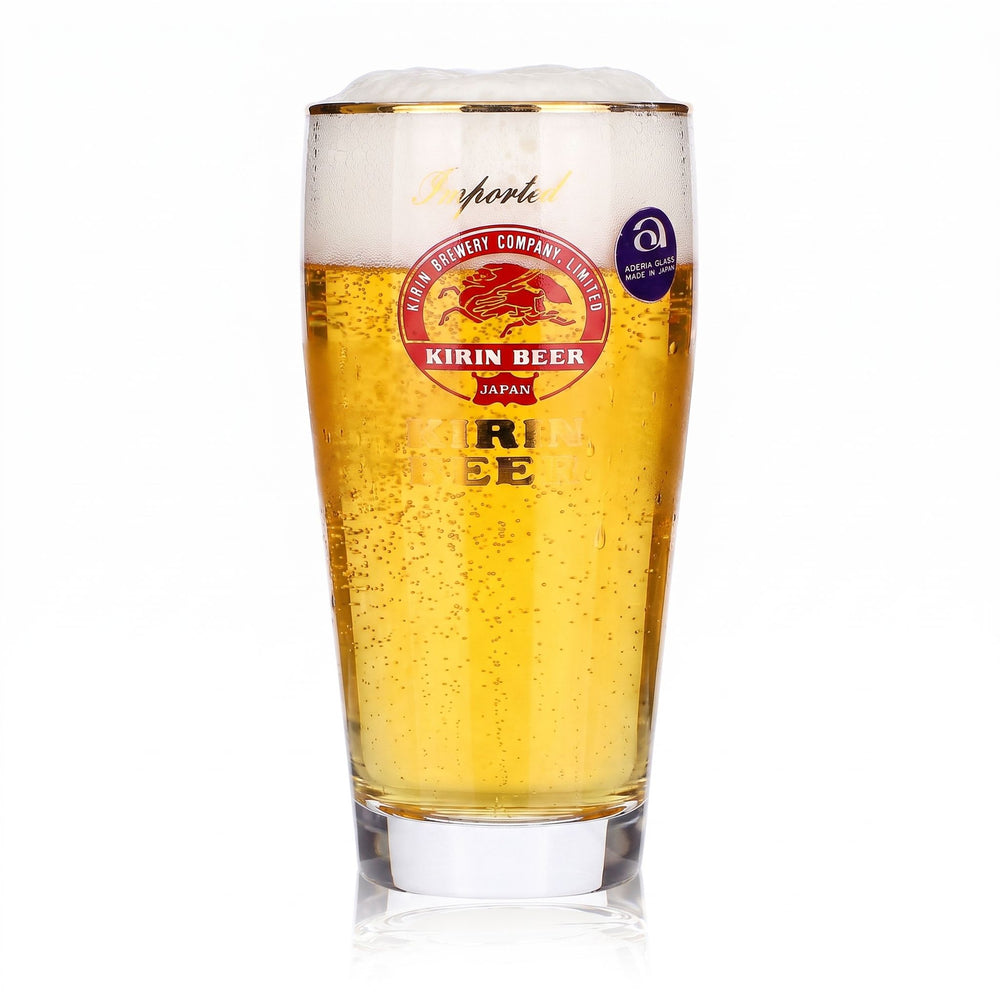 Szklanka do piwa Kirin Ichiban 0,25 l, złota obwódka, importowana, złoty napis