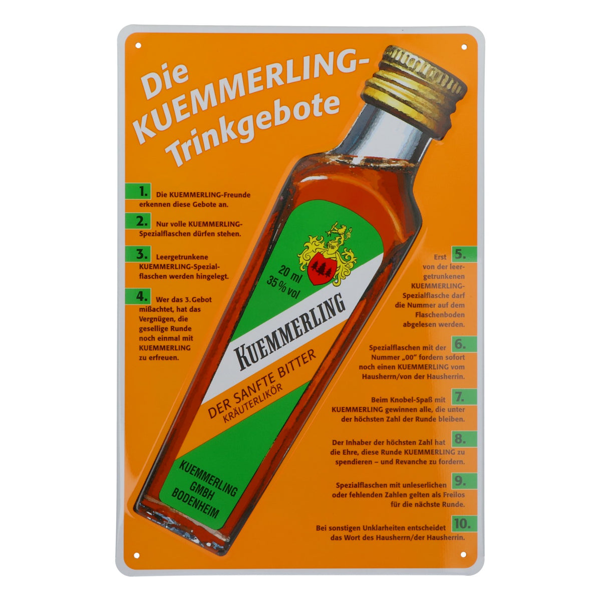 Kümmerling Likör Blaszana tabliczka Reklamowa blaszana tabliczka Dekoracja ścienna „Trinkgebote”