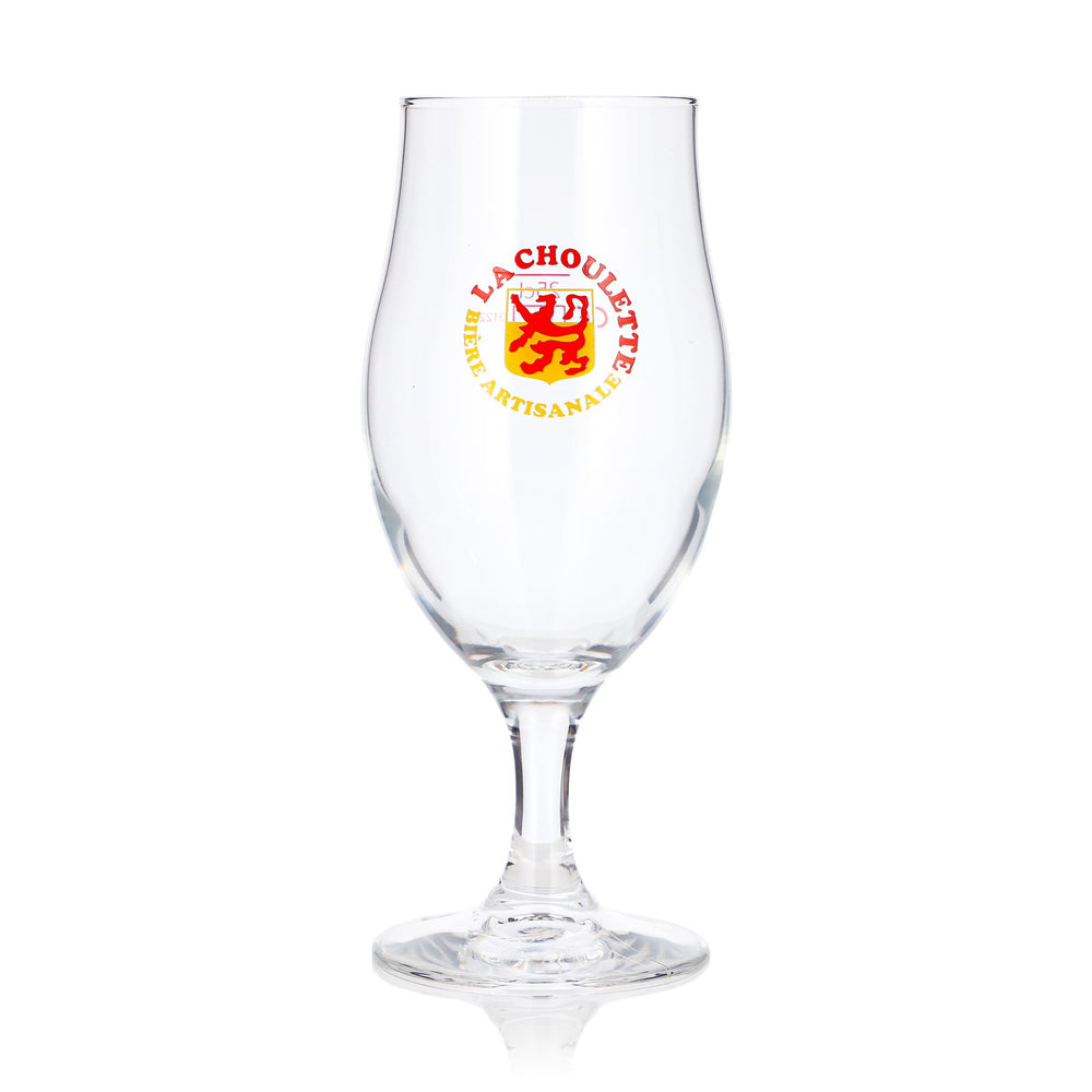 Szklanka do piwa La Choulette 0,25 l, w kształcie tulipana, z czerwono-żółtym logo „Artisanale”, szklanka do piwa w kształcie pucharu