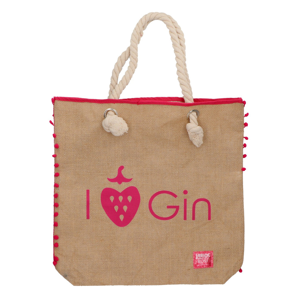Torba z motywem Larios Rose Gin – torba jutowa z uchwytami sznurkowymi – motyw truskawkowy Gin