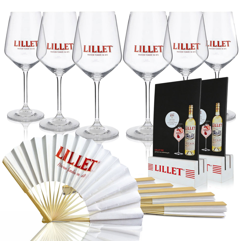 Zestaw Lillet Bundle Fan II zawierający 2x stojaki stołowe, 6x wachlarze Lillet i 6x szklanki Lillet