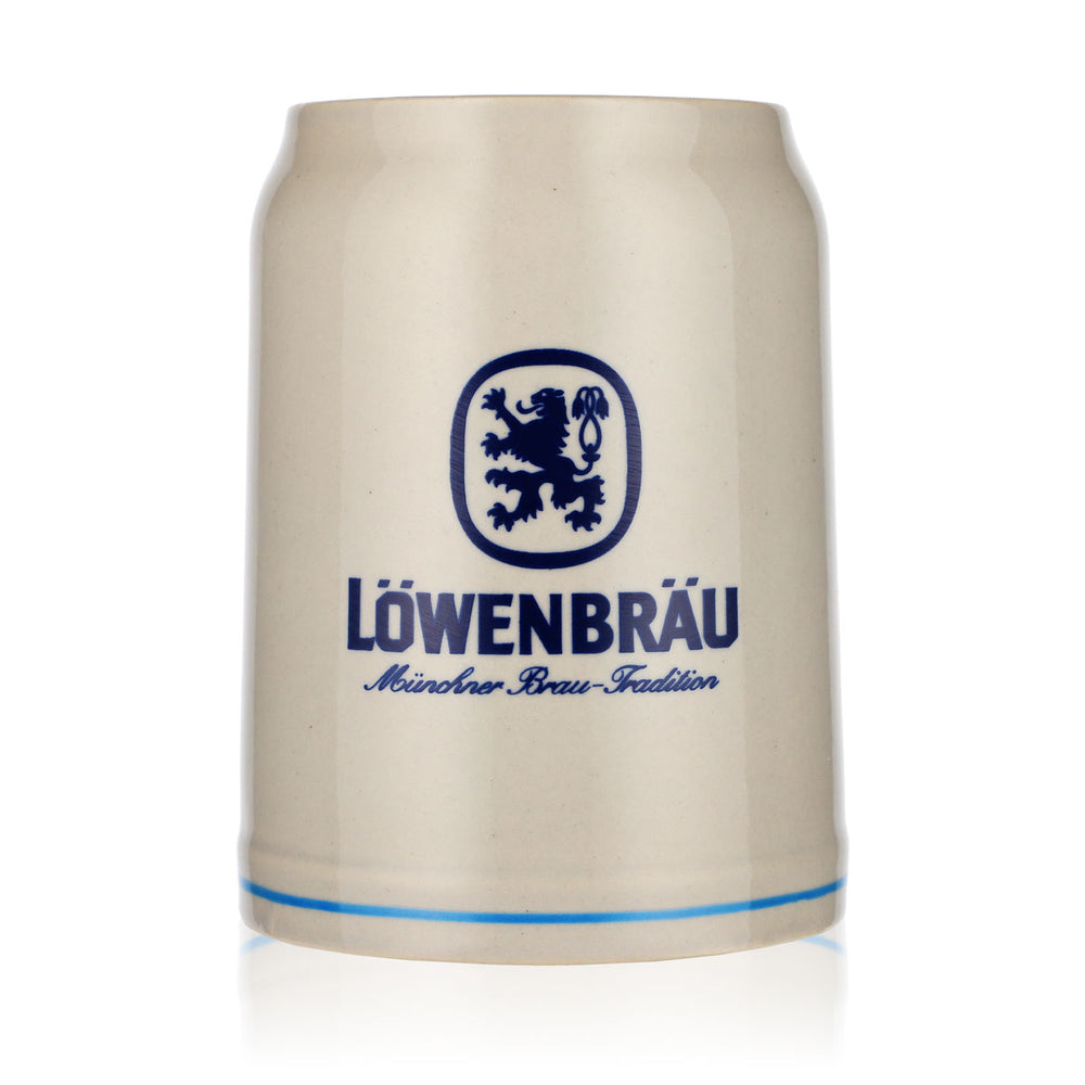 Kufel do piwa Löwenbräu 0,5 l, gliniany kufel z małym logo i jasnoniebieskim pierścieniem