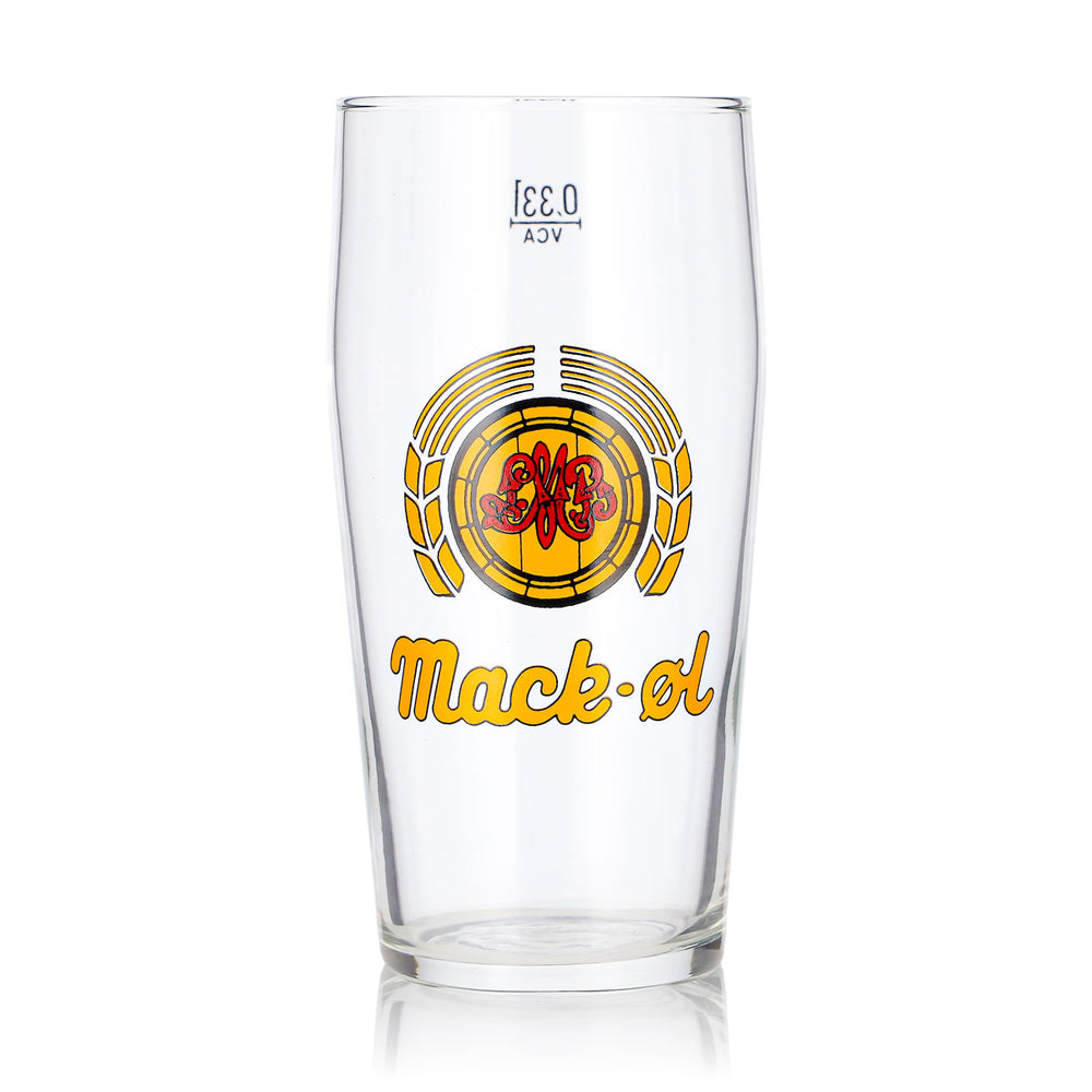 Szklanka do piwa Mack 0,33 l Willi Becher z żółtym logo, szklanka do drinków typu long drink VCA, szklanka do piwa Willibecher