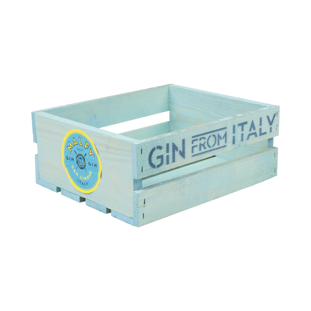 Malfy Gin Drewniane Pudełko 30x25cm Niebieski Gin z Włoch Pudełko Dekoracyjne Pudełko Butelki Ogród