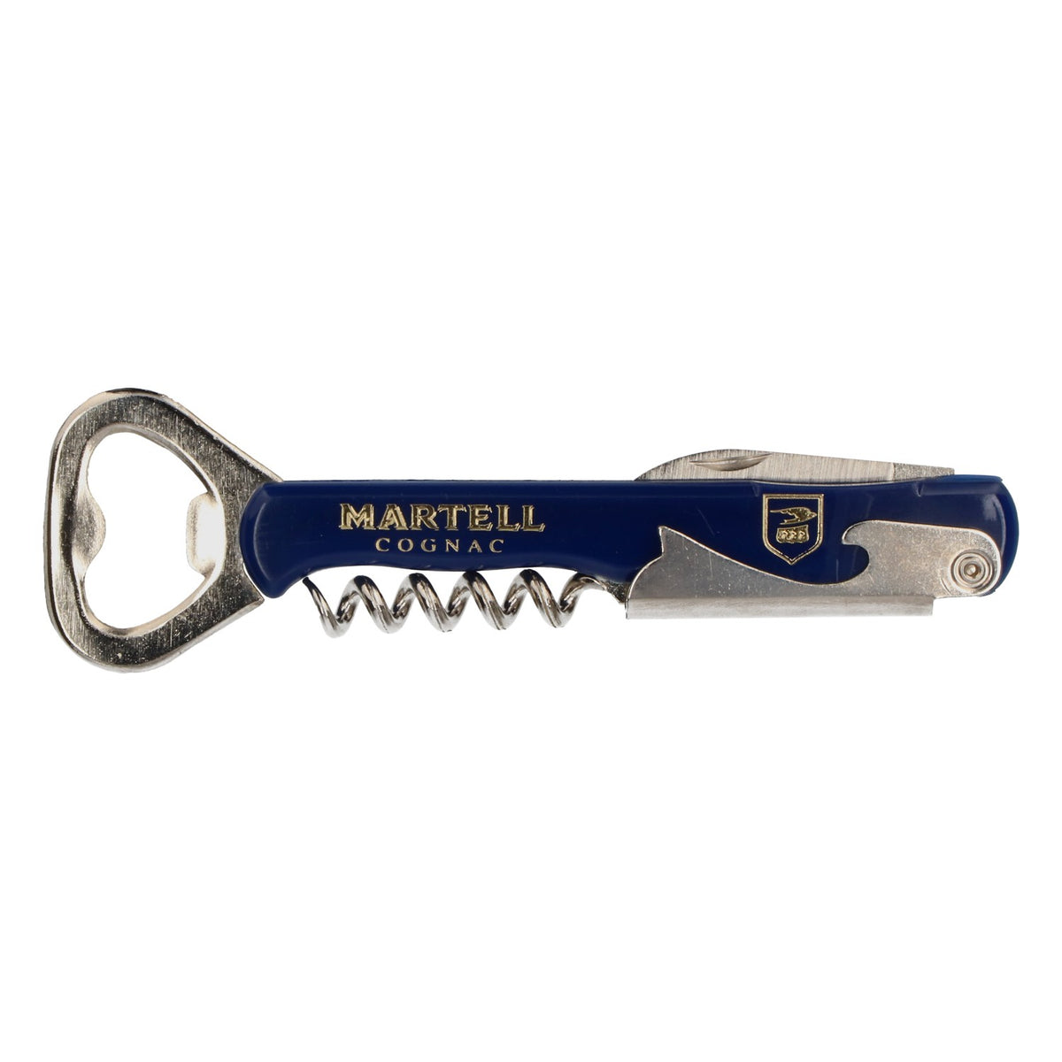 Otwieracz do butelek i kapsli z wykrętakiem do korka, model Martell Cognac, stal nierdzewna, niebieski – Widok 2