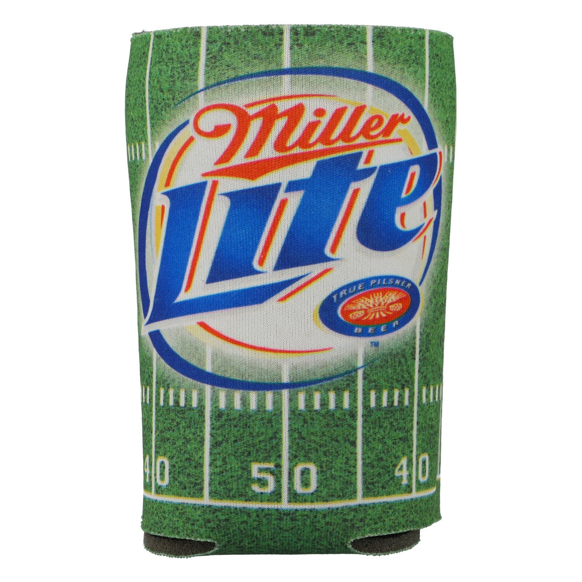 Neoprenowy uchwyt do puszek Miller Lite w kolorze zielonym z motywem futbolu amerykańskiego