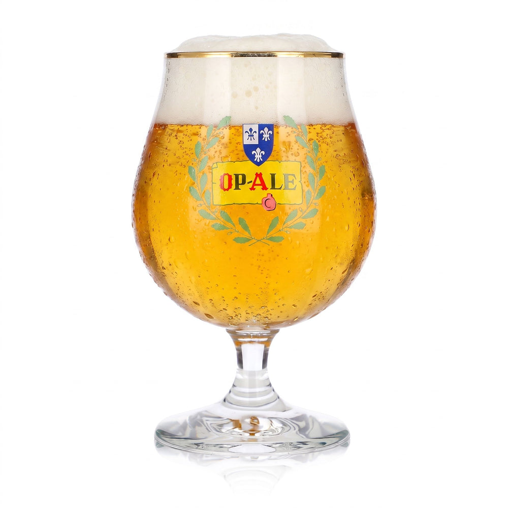 Szklanka do piwa Op-Ale, puchar 0,5 l, z wygiętą podstawą i złotą obwódką, szklanka do piwa Durobor, szklanka pucharowa