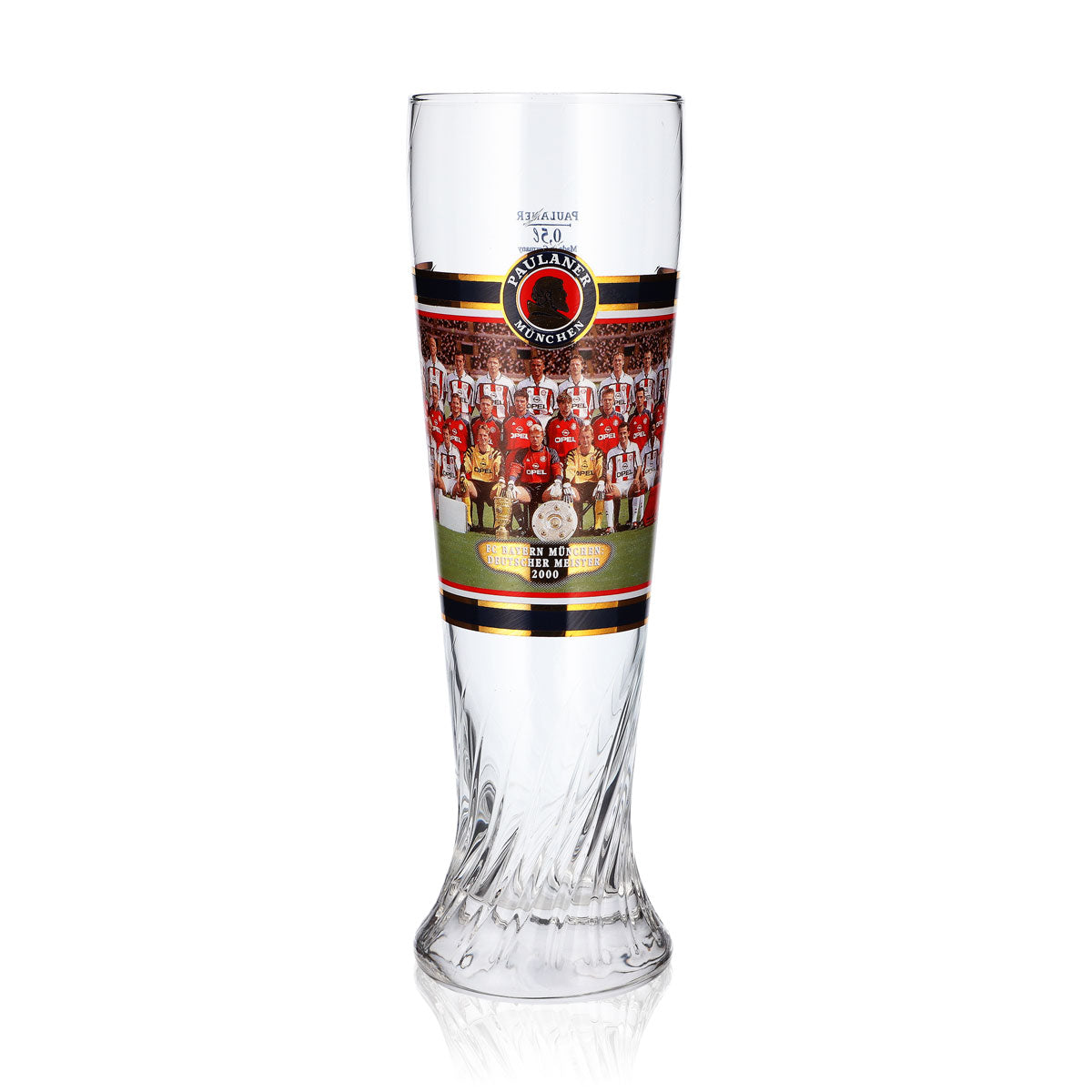 Szklanka do piwa Paulaner, puchar 0,5 l, FC Bayern Monachium – mistrz Niemiec 2000, relief