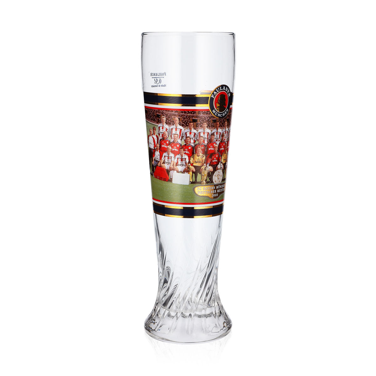 Szklanka do piwa Paulaner, puchar 0,5 l, FC Bayern Monachium – mistrz Niemiec 2000, relief – Widok 2