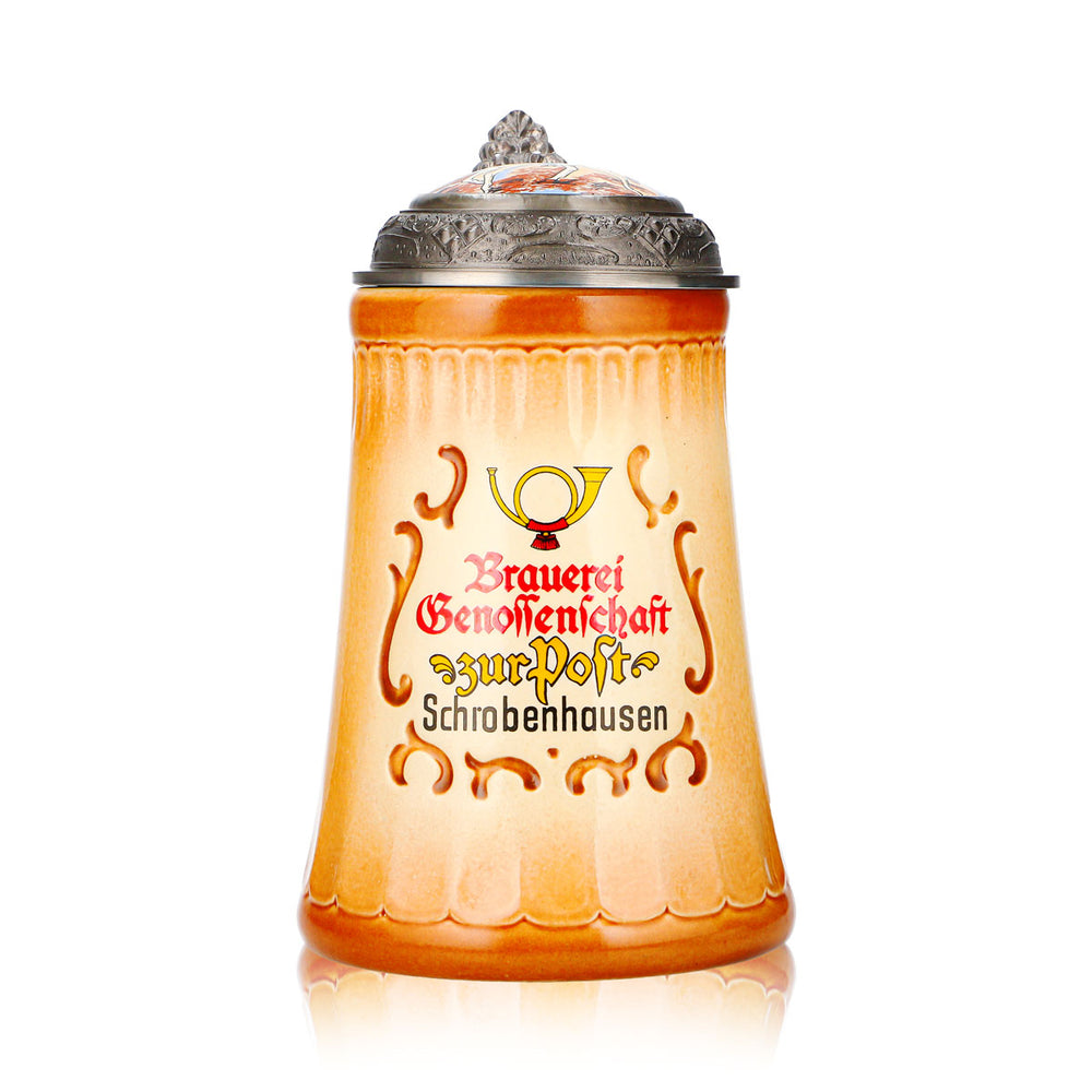 Szklany kufel do piwa Postbräu, 0,8 l, z pokrywką z cyny, Browar Spółdzielczy Ton