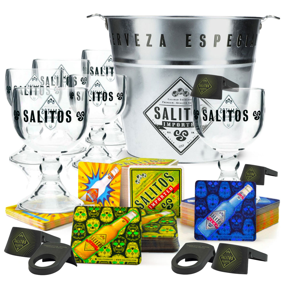 Zestaw Salitos Bar Bundle Set II zawierający 6 szklanek Salrita, 100 podkładek pod piwo i 1 wiadro do lodu.