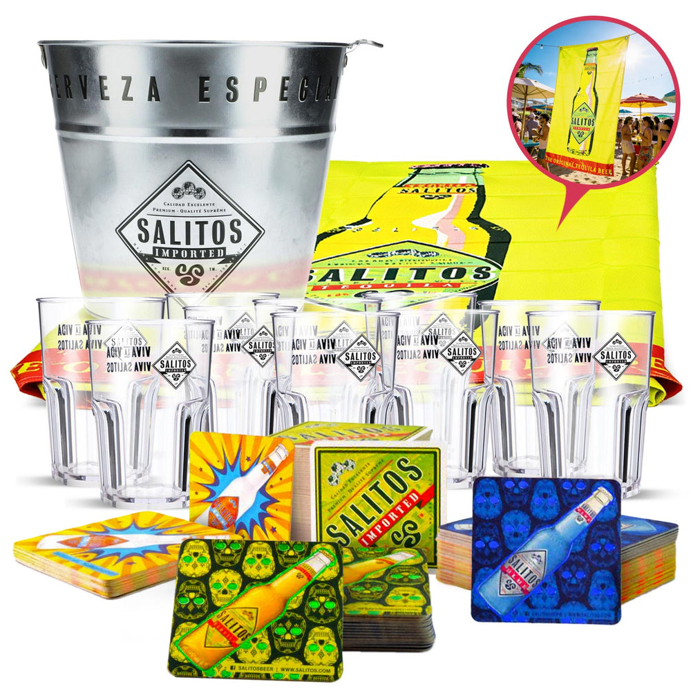 Zestaw imprezowy Salitos  Bundle Set I zawierający 10 szklanek o pojemności 0,4 l, podkładki z banerem i wiadro do lodu