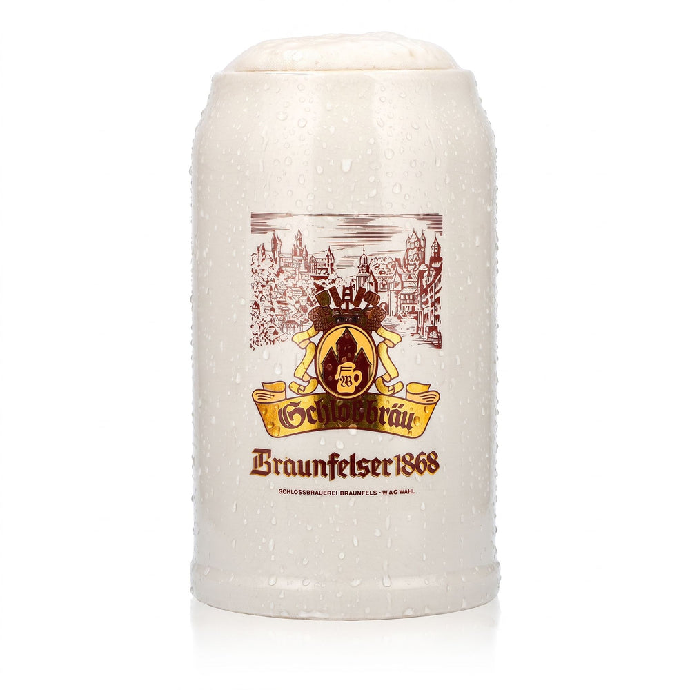 Szklanka do piwa Schlossbräu, gliniany dzbanek, kufel piwny 1 l, Braunfelser 1868, Sahm, ceramika