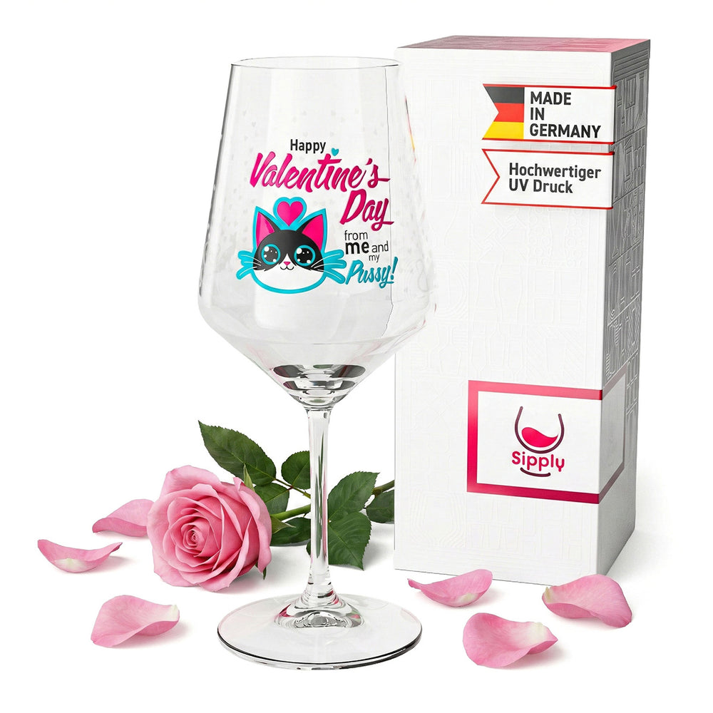 Kieliszek do wina Sipply na Walentynki z kotem + napisem „Happy Valentines Day” Prezent 0,5 l