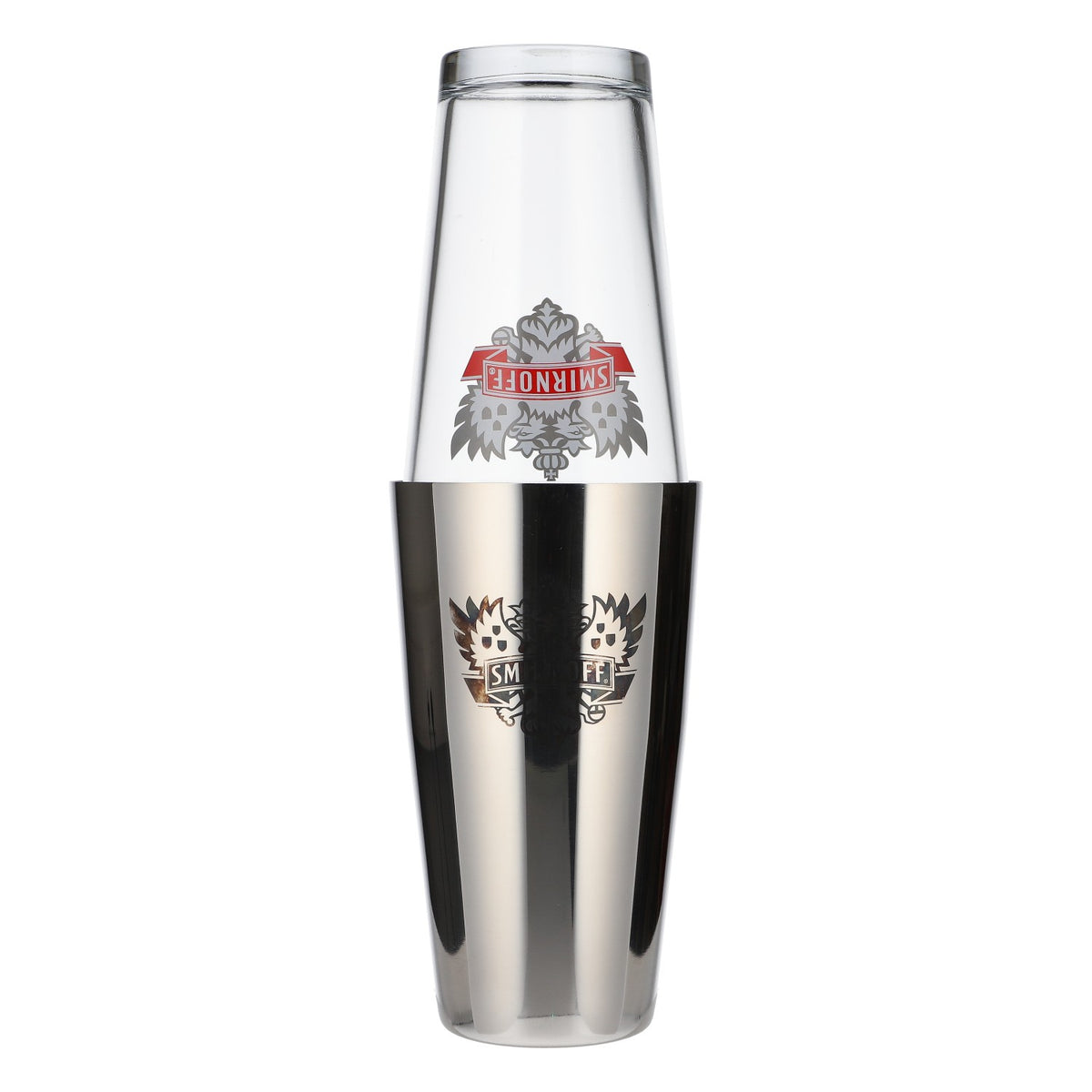 Wódka Smirnoff, shaker typu Boston ze stali nierdzewnej, szklanka, akcesoria barowe