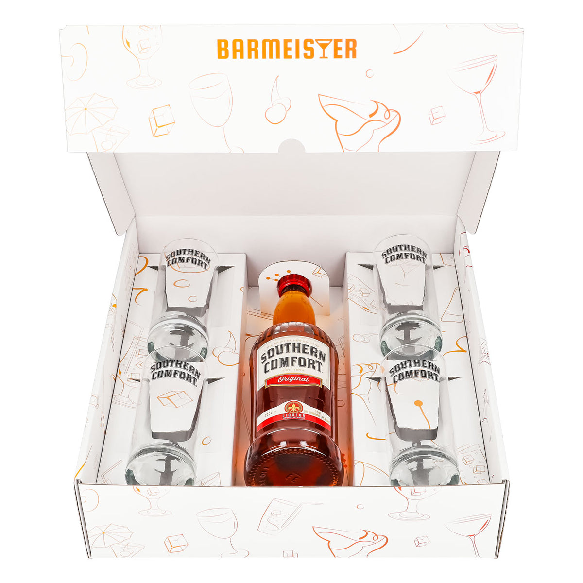 Southern Comfort Geschenkset 0,7l Flasche 35,0 % Vol. + Longdrinkgläser Schwarz–Weiß – Ansicht 2