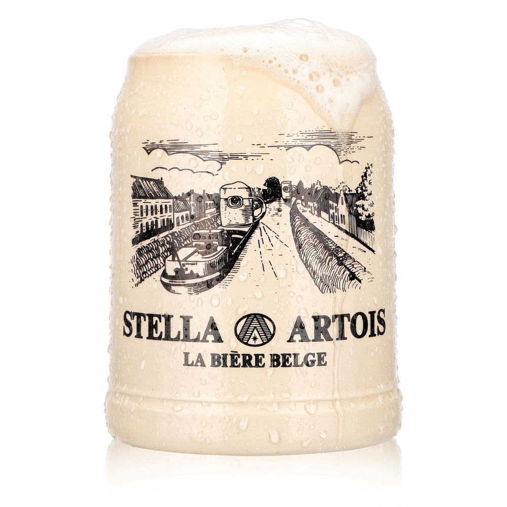 Kufel do piwa Stella Artois, kamionkowy, 0,5 l, motyw statku, piwa belgijskie, kamionka