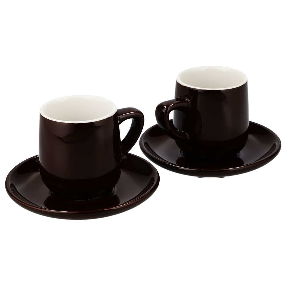 Zestaw 2 szklanych filiżanek do espresso z podstawkami marki Tchibo, wykonanych z ceramiki, w kolorze brązowym