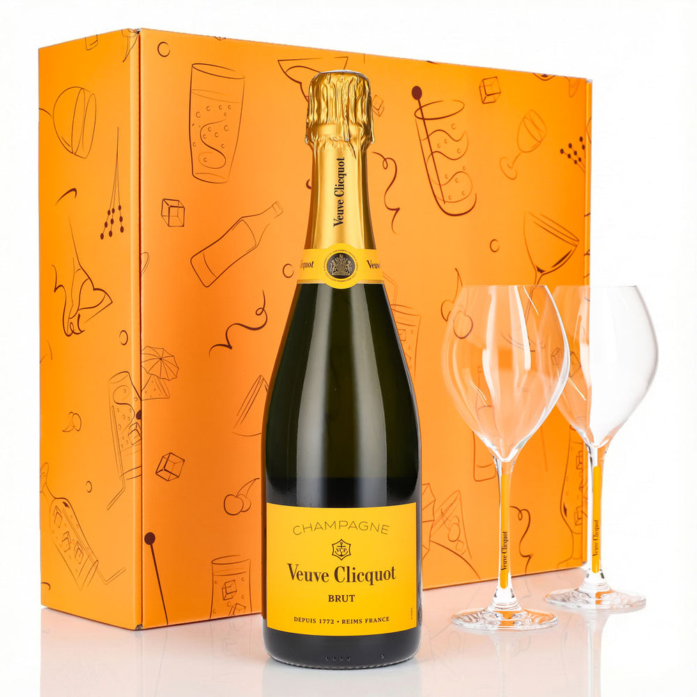 Zestaw upominkowy szampana Veuve Clicquot 0,75 l 12,5% + kieliszek 0,1 l z żółtą nóżką I pomarańczowy