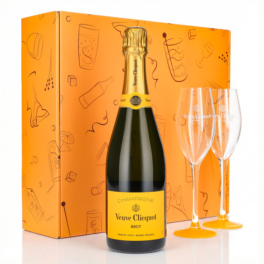 Zestaw upominkowy szampana Veuve Clicquot 0,75 l 12,5% + kieliszek 0,1 l z żółtą stopką I pomarańczowy