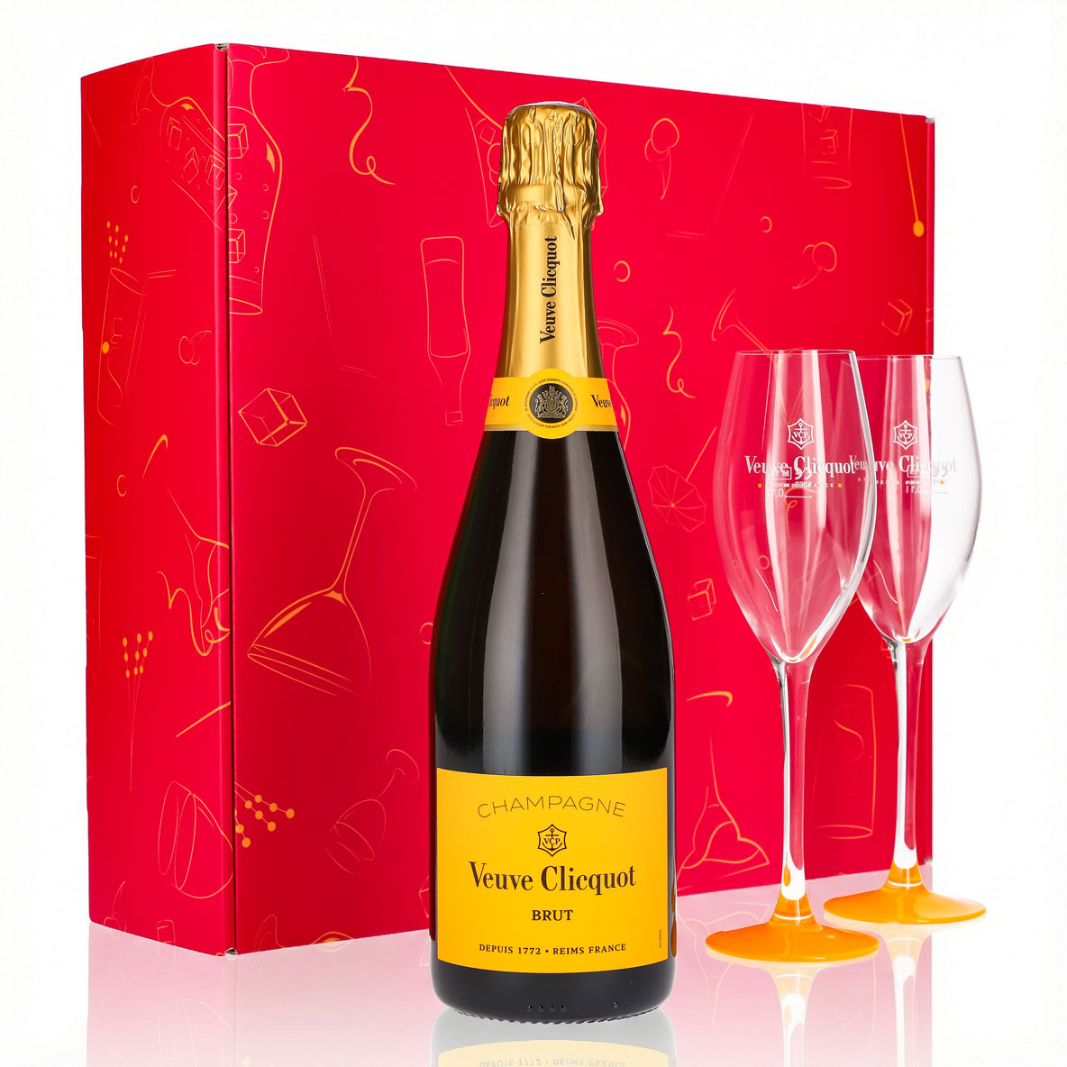 Zestaw upominkowy szampana Veuve Clicquot 0,75 l 12,5% + kieliszek 0,1 l z żółtą stopką I różowy