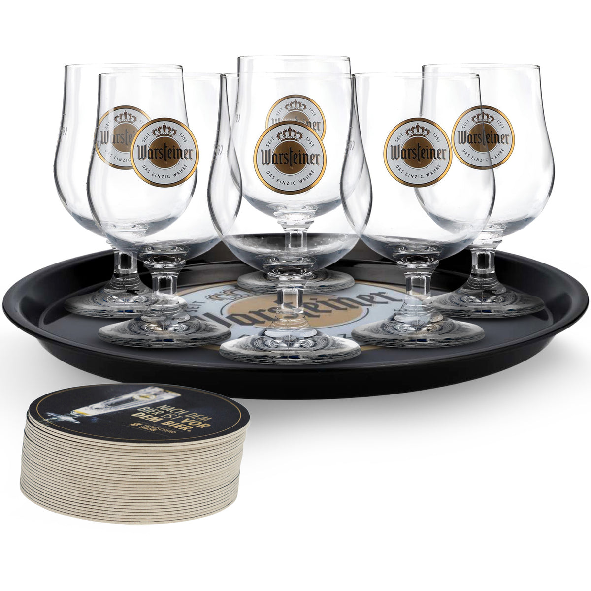Zestaw Warsteiner Bier Bundle Bar Set II zawierający 6 szklanek obrotowych, 100 podkładek pod piwo i 1 tacę