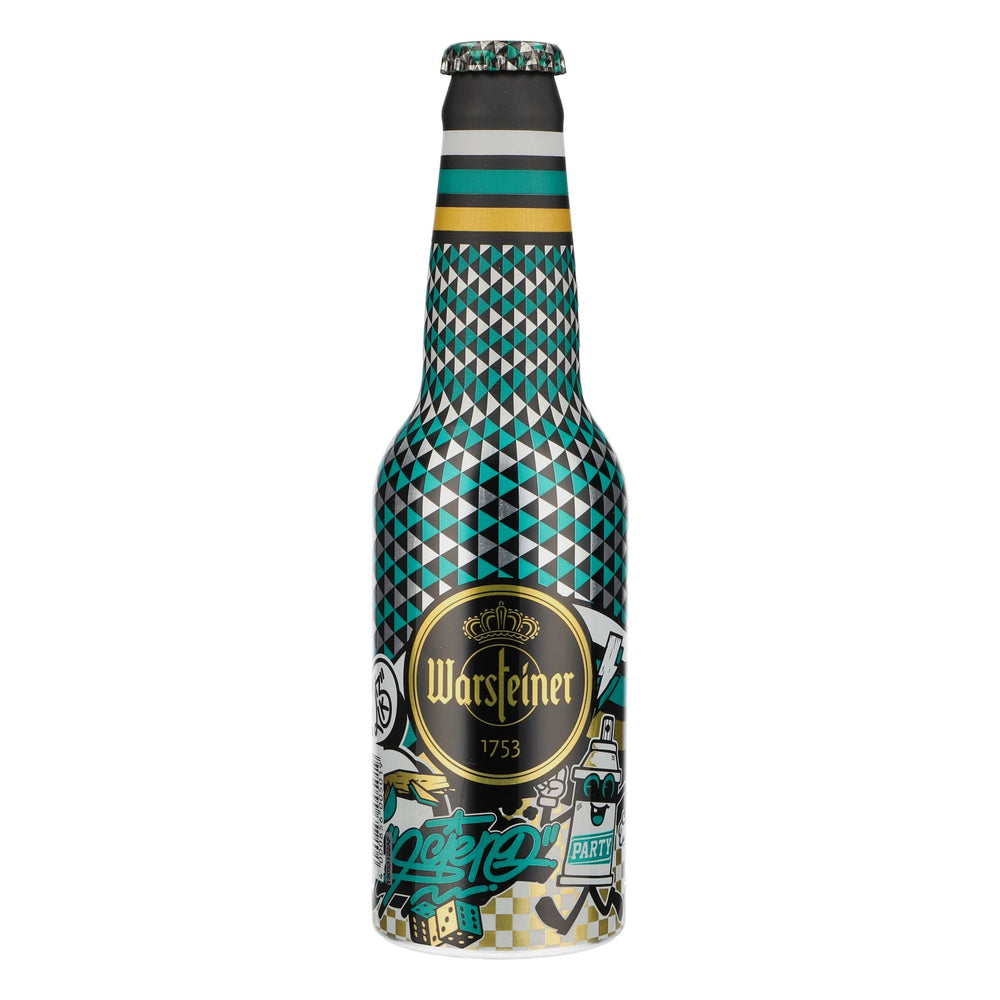 Butelka piwa Warsteiner 0,33 l edycja kolekcjonerska w kratkę zielono-złoto-czarna
