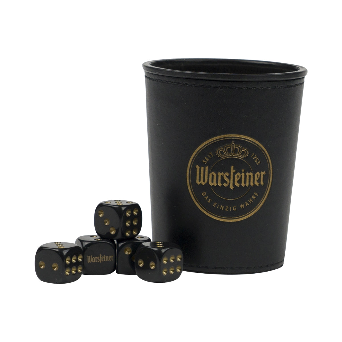 Warsteiner kubek na kości do piwa Mäxle gra Knoble Reisen z 5 kośćmi czarny